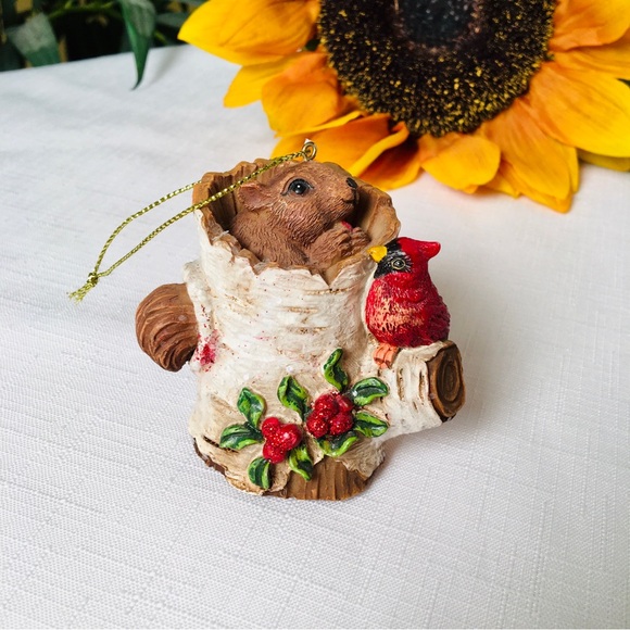Christmas Ornament Squirrel & Cardinal on a Tree Trunk - Picture 2 of 6